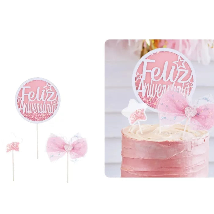 Conjunto de Topo de Bolo Rosa Aniversário com Glitter e Borboletas 3pcs